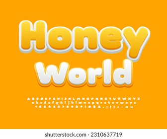 Vector sweet poster Honey World. Modern bright Font. Yellow and White Alphabet Letters, Numbers and Symbols set