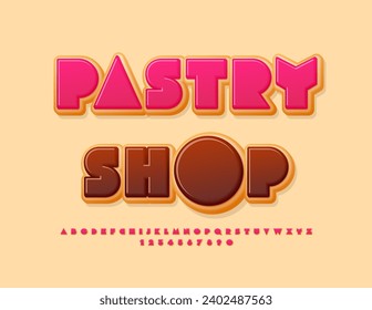 Vector Sweet Poster Pastry Shop. Tasty Cake Font. Modern Unique Alphabet Letters and Numbers