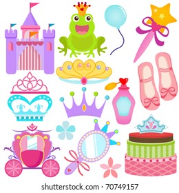 Vector of Sweet Princess theme with pastel castle, frog prince, crown, pink carriage, cake. A set of cute and colorful icon collection isolated on white background