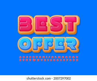 Vector sweet promo Best Offer. Pink Donut Font. Tasty Alphabet Letters and Numbers set