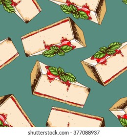 Vector sweet seamless background with cheesecake. Hand drawn vector illustration in vintage style.