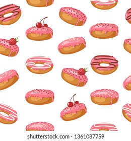 Vector Sweet seamless background  with pink glazed donuts with berries, cherry, strawberry and powder. Pattern can be used for wallpaper, web page, surface textures, package. Food design