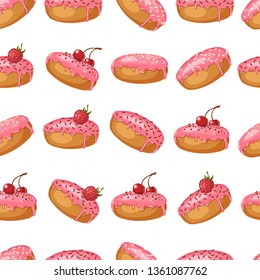 Vector Sweet seamless background  with pink glazed donuts with berries, cherry, strawberry and powder. Pattern can be used for wallpaper, web page, surface textures, package. Food design