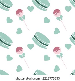 Vector sweet seamless pattern with green macaron and hearts isolated on white background for fabrics, paper, textile, gift wrap, invitations, greeting cards, business card