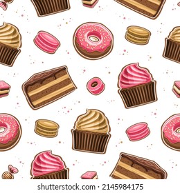 Vector Sweet Seamless Pattern, repeating background with set of cut out illustrations various sweets, glaze cake slice, rose color frosting donut, cup cake with sweet whipped cream on white background