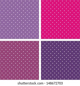 Vector sweet seamless patterns or textures set with white polka dots on pastel, colorful pink, purple and violet background. For web design, blog and desktop wallpaper or scrapbook 