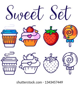 Vector Sweet Set. coffee, cupcake, strawberry, candy