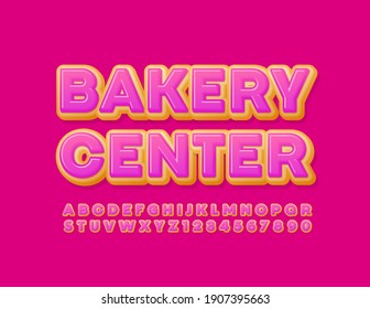 Vector sweet sign Bakery Center. Pink glazed Font. Delicious Donut Alphabet Letters and Numbers set