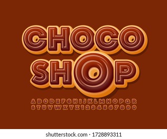 Vector sweet sign Choco Shop with delicious Donut Font. Creative Alphabet Letters and Numbers