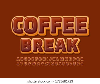 Vector sweet sign Coffee Break. Chocolate Donut Font. Delicious Alphabet Letters and Numbers