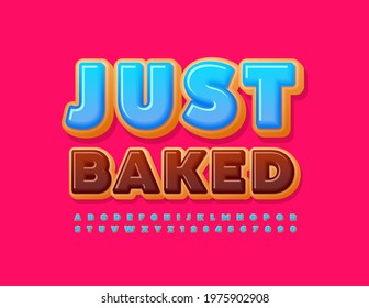 Vector sweet sign Just Baked with bright Donut Font. Set of yummy Alphabet Letters and Numbers