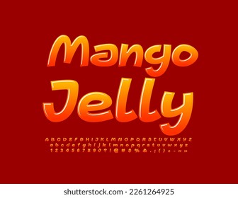 Vektor süßes Schild Mango Jelly mit glänzender Bonbonschrift. Helle, kreative Alphabet-Buchstaben, Zahlen und Symbole