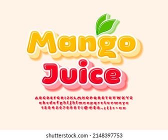 Vector sweet sign Mango Juice with Red 3D Font. Glossy bright set of Alphabet Letters, Numbers and Symbols