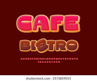 Vector Sweet Signboard Cafe Bistro. Tasty Cake style Font. Delicious Donut Alphabet Letters and Numbers set.