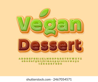 Vector Sweet Signboard Vegan Dessert. Green Glazed Delicious Font. Tasty Donut Alphabet Letters and Numbers set.