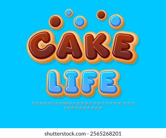 Vector sweet template Cake Life. Blue glazed Font. Tasty set of Alphabet Letters and Numbers