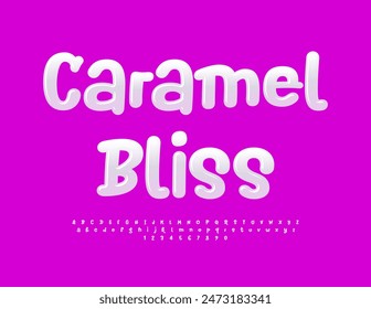 Vector dulce Plantilla Caramel Bliss. Fuente blanca brillante. Conjunto de letras y números de alfabeto divertido