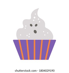 Vector sweet for trick or treat game. Scary ghost like cupcake. Traditional Halloween party food. Monster shaped dessert isolated on white background. Autumn holiday design
