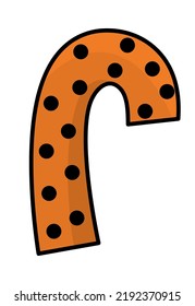 Vector sweet for trick or treat game. Cartoon orange candy cane. Traditional Halloween party food. Autumn holiday dessert stick isolated on white background