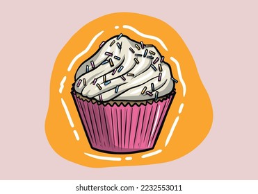 Vector of a sweet vanilla cupcake with frosting and sprinkles on the top. Hand drawn cupcake