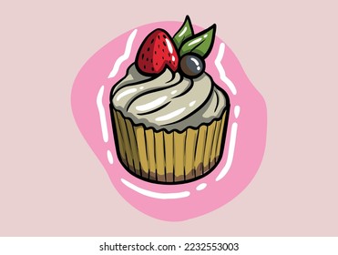 Vector of a sweet vanilla cupcake with strawberry and leaf on the top. Hand drawn cupcake