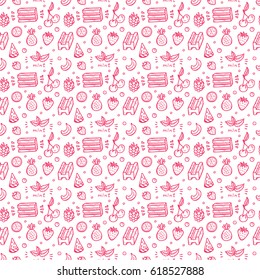 Vector Sweets. Bubble Gum, Fruits, Berries Seamless pattern. Hand Drawn Doodle Chewing Gums. 
