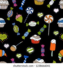 Vector of sweets and candies. Vector. Seamless candies.