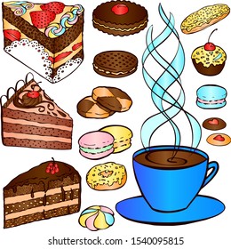 Vector sweets and cup of coffee for Tea Party decoration. Suitable for bakery and coffee shop decoration, cute stickers, scrapbooking, banners and cards decoration. Sticker pack.