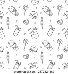 Vector Sweets doodle Seamless pattern with ice cream, cake, tropic cocktail, ice cream in waffle cup, lollipop, sundae, popsicle. Black line sample pattern for wallpaper, fabric, packaging, background