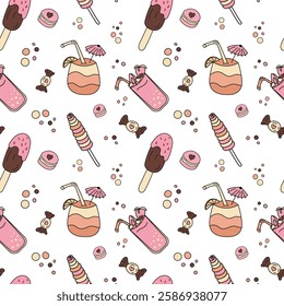 Vector Sweets doodle Seamless pattern with ice cream, cake, tropic cocktail, macaroons, sundae, popsicle. Color sample pattern for wallpaper, fabric, packaging, background