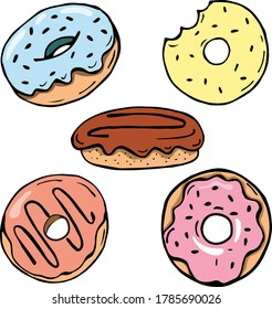 
caramelos vectoriales comida rápida donuts multicolores dibujados a mano en color estilo doodle
