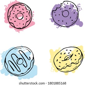 vector sweets fast food multicolored donuts hand drawn in doodle style colored