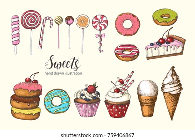 Vector sweets. Hand drawn donuts, ice cream, cake and cupcakes. Desert design for menu, advertising and banners. Sketch, lettering.