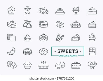 Vector Sweets icons for web. Outline delicious symbol collection with sign of cake, cookie, croissant, gingerbread man, cheesecake