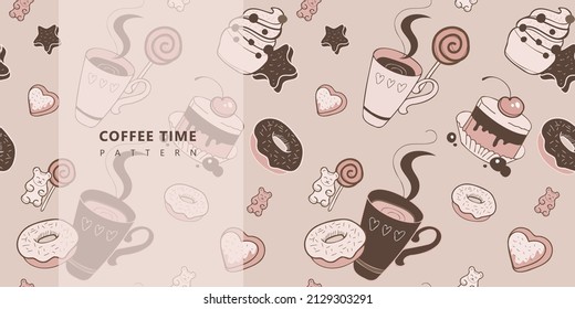Vector sweets pattern with illustration elements cup, cake, donut and decorations. Brown doodle design.