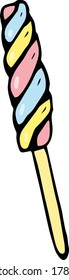
dulces vectoriales malvavisco amarillo rosa azul sobre una mano de palo dibujada al estilo de doodle coloreado