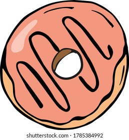 vector sweets round donut with pink cream hand drawn in doodle style colored