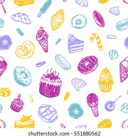 Vector sweets. Seamless pattern with different kinds of sweets. Pastry, sweetmeat and desserts. Cakes, ice cream, donuts, cupcakes, candy, bakery.