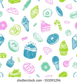 Vector sweets. Seamless pattern with different kinds of sweets. Pastry, sweetmeat and desserts. Cakes, ice cream, donuts, cupcakes, candy, bakery.