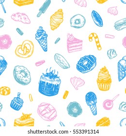 Vector sweets. Seamless pattern with different kinds of sweets. Pastry, sweetmeat and desserts. Cakes, ice cream, donuts, cupcakes, candy, bakery.