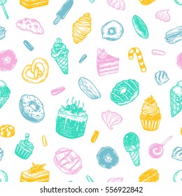 Vector sweets. Seamless pattern with different kinds of sweets. Pastry, sweetmeat and desserts. Cakes, ice cream, donuts, cupcakes, candy, bakery.
