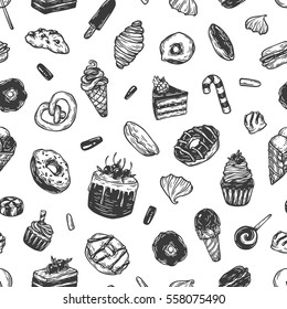 Vector sweets. Seamless pattern with different kinds of sweets. Pastry, sweetmeat and desserts. Cakes, ice cream, donuts, cupcakes, candy, bakery.