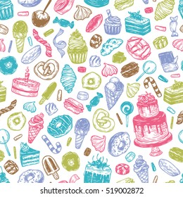 Vector sweets. Seamless pattern with sweets. Pastry, sweetmeat, desserts. Cakes, ice cream, donuts, cupcakes, candy, bakery. Multicolor.