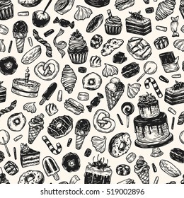 Vector sweets. Seamless pattern with sweets. Pastry, sweetmeat, desserts. Cakes, ice cream, donuts, cupcakes, candy, bakery.