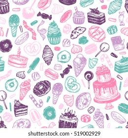 Vector sweets. Seamless pattern with sweets. Pastry, sweetmeat, desserts. Cakes, ice cream, donuts, cupcakes, candy, bakery. Multicolor.