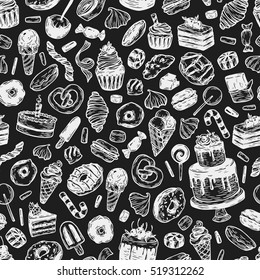 Vector sweets. Seamless pattern with sweets. Pastry, sweetmeat, desserts. Cakes, ice cream, donuts, cupcakes, candy, bakery. Chalk drawing.