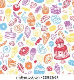 Vector sweets. Seamless pattern with sweets. Pastry, sweetmeat, desserts. Cakes, ice cream, donuts, cupcakes, candy, bakery. Multicolor.