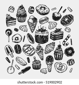 Vector sweets. Set of hand drawn sweets. Pastry, sweetmeat, desserts. Cakes, ice cream, donuts, cupcakes, candy, bakery.