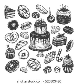 Vector sweets. Set of hand drawn sweets. Pastry, sweetmeat, desserts. Cakes, ice cream, donuts, cupcakes, candy, bakery.