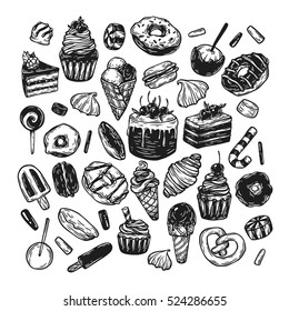 Vector sweets. Set of hand drawn sweets. Pastry, sweetmeat, desserts. Cakes, ice cream, donuts, cupcakes, candy, bakery.